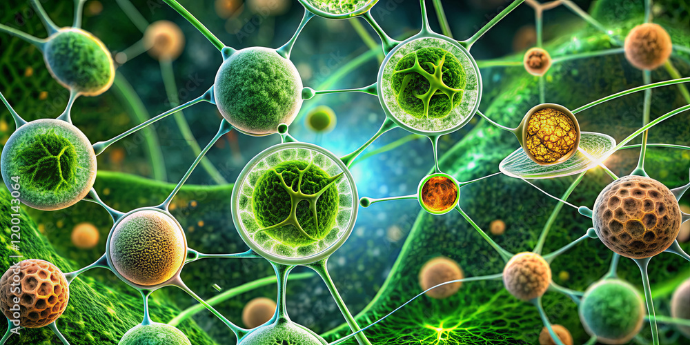 Poster this striking visual presents a close-up of diverse cells and microorganisms interacting with one an