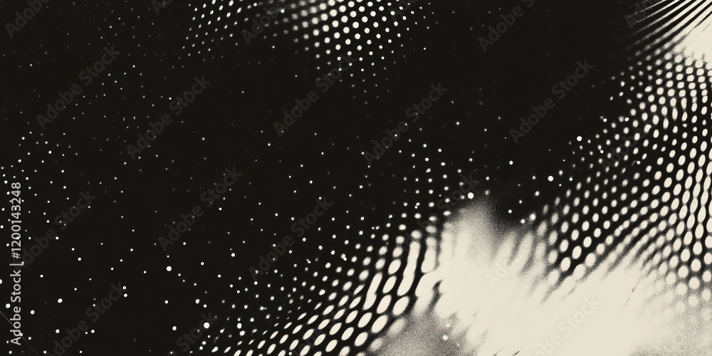 Poster Grunge halftone texture with warped dots and abstract design over black background