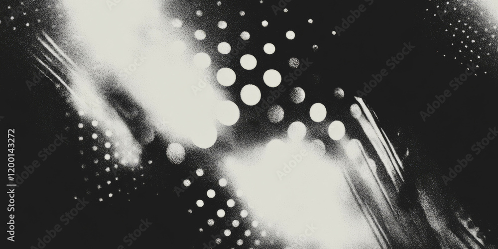 Poster grunge halftone overlay texture with warped dots on a black background