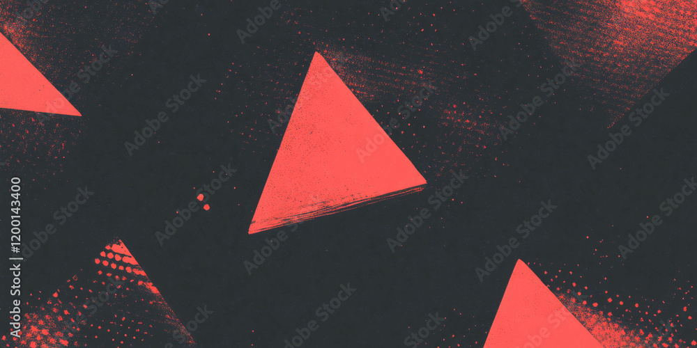 Poster Grunge halftone texture with triangular patterns and geometric design on black background