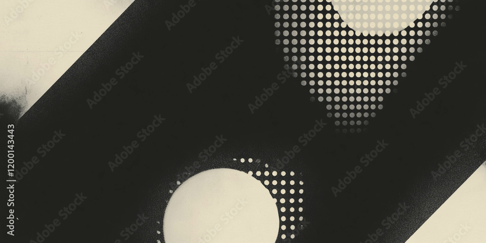 Poster grunge halftone texture with geometric shapes on a black background for design use