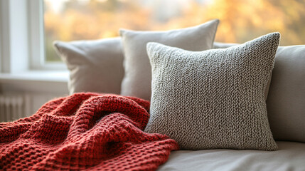 A soft gray pillow and cozy blanket on a light wooden surface, symbolizing rest, comfort, and serenity. The minimalistic setting offers modern tranquility and space for imagination and relaxation.
