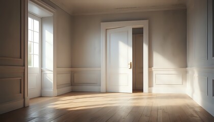 Sunlit Empty Room: Elegant Interior with Classic Moldings