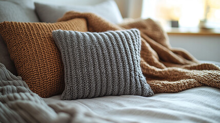 A soft gray pillow and cozy blanket on a light wooden surface, symbolizing rest, comfort, and serenity. The minimalistic setting offers modern tranquility and space for imagination and relaxation.
