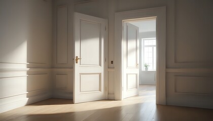 Obraz premium Sunlit Room: Elegant White Doors and Serene Interior Design