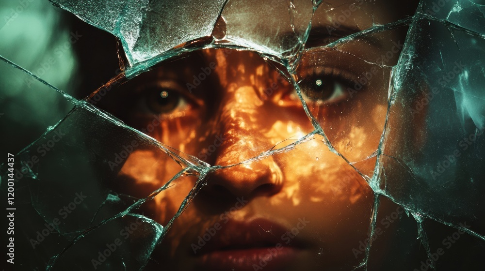 Poster shattered glass reflects an abstract view of a persons face with warm light and blurred emotions in 