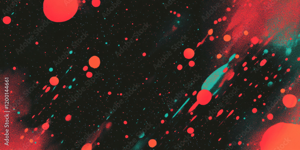 Poster unique grunge halftone texture with paint splatters and vibrant dots on black background