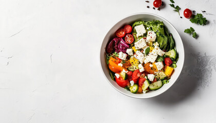 Fresh Greek Salad with Feta Cheese and Vibrant Vegetables in a White Bowl on White Background