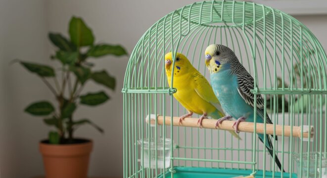 Colorful pair of budgies in green cage with plant background