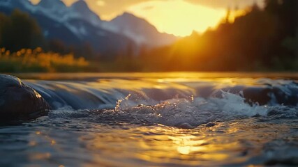A serene sunset over a mountain river, showcasing the beauty of nature in the foreground with sunlight reflecting off the water.