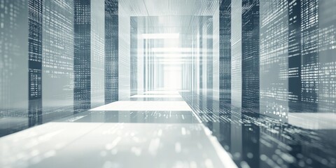 An abstract background featuring a corridor of binary code fading into bright light, creating a digital tunnel effect