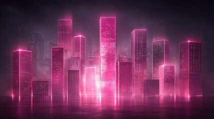 Pink neon holographic cityscape at night. Futuristic metropolis architecture. Ideal for music album covers, posters, and website backgrounds.
