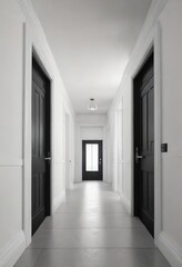 Fototapeta premium Symmetrical view of white corridor with black doors, interior, black, minimalistic, hotel, perspective