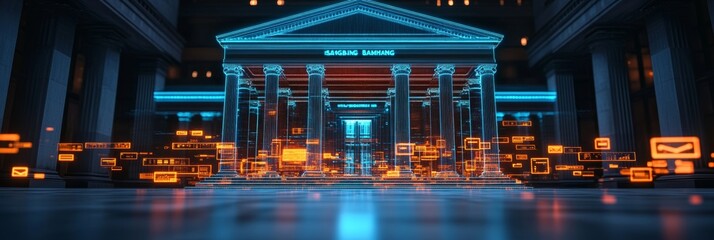 Obraz premium Financial Technology Concept, With Neon Bank Design Illuminated by Abstract Data and Icons