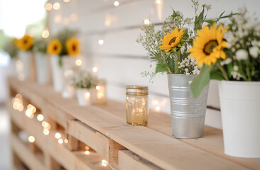 A medium shot of a rustic photo zone with wooden pallets as a backdrop, decorated with fairy lights and sunflowers