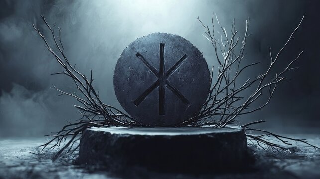 Minimalistic 3D Gebo rune scene with intertwined twigs