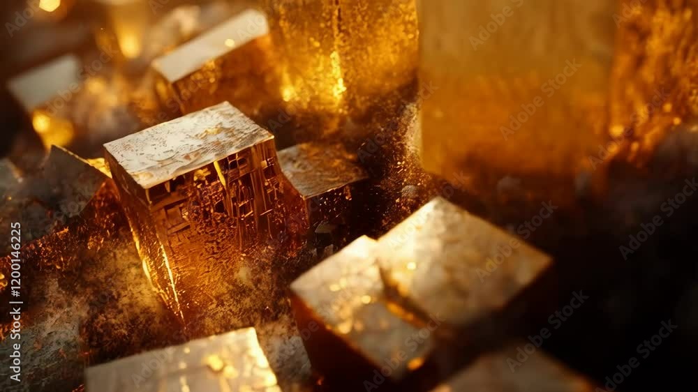 Wall mural abstract close-up of golden cubes, reflecting light and texture, creating a warm and vibrant visual 