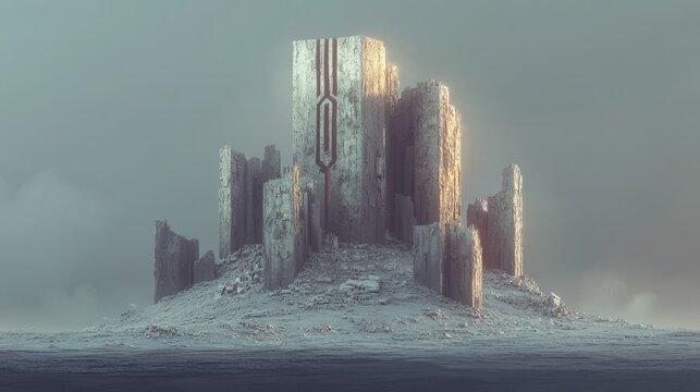 Illustration of Uruz rune and fortress in 3D minimalistic style