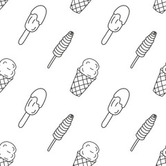 Seamless pattern doodle Ice cream with chocolate glaze, ice cream in waffle cup and popsicle on stick. Vector patterns endless. Black line Seamless pattern for wallpaper, fabric, packaging, background