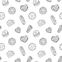 Sweets doodle Seamless pattern with chocolate, candies, eclairs, donuts, macarons. Vector patterns endless. Black line sample pattern for wallpaper, fabric, packaging, background.