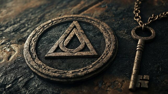 3D minimalistic art with Othala rune and ancient key