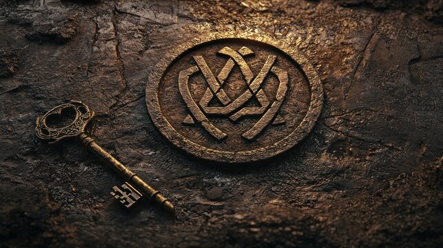 3D minimalistic art with Othala rune and ancient key