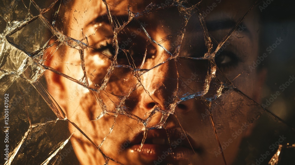 Fototapete shattered glass reflects the fragmented parts of a persons face, creating a striking visual of vulne
