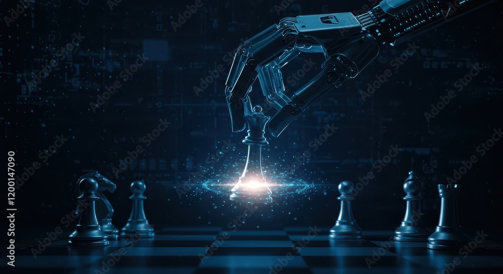 Poster an ai hand moves a king on a chessboard, representing the connection between artificial intelligence