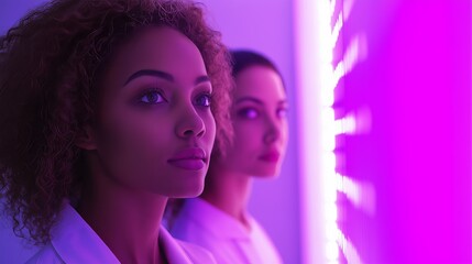 Two diverse female professionals are collaborating in a modern office with bright purple lighting, showcasing a dynamic and minimalistic atmosphere