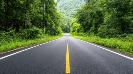 Fototapeta premium Serene and Scenic Asphalt Road Surrounded by Lush Green Forest and Mountain Landscape Under Clear Blue Sky