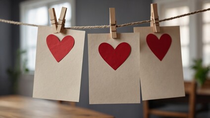 Three beige cards, each adorned with a red heart, hang from a rustic rope using wooden clothespins