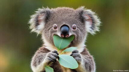 Naklejka premium A koala with a leaf mustache strikes a funny pose