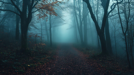 Obraz premium A dense forest and a forgotten path leading to a realm of secrets and mystery, perfect for exploration and adventure. Mystic Forest Realm. Illustration