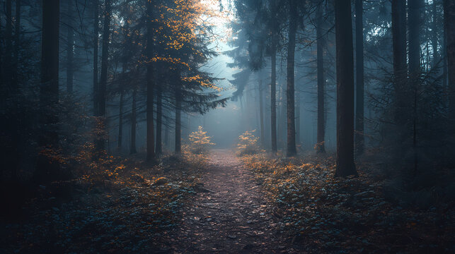 A dense forest and a forgotten path leading to a realm of secrets and mystery, perfect for exploration and adventure. Mystic Forest Realm. Illustration