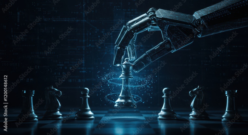 Poster an ai hand moves a king on a chessboard, representing the connection between artificial intelligence