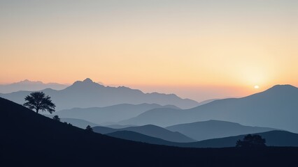 Obraz premium Dramatic sunset over majestic mountains; silhouetted tree contrasts against vibrant orange sky, casting serene light on rolling hills