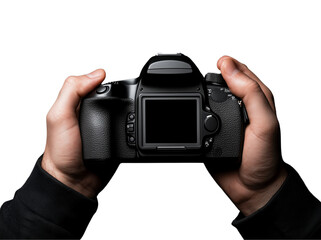 a Hand holding a SLR camera isolated on a transparent background