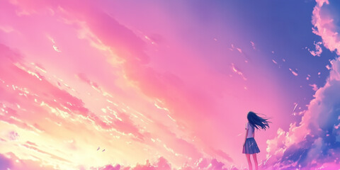 Naklejka premium Anime girl sunset view. Pink sky cloudscape dreamy aesthetic wallpaper. Serene nature scene. Soft pastel colors background. Beautiful artwork illustration.
