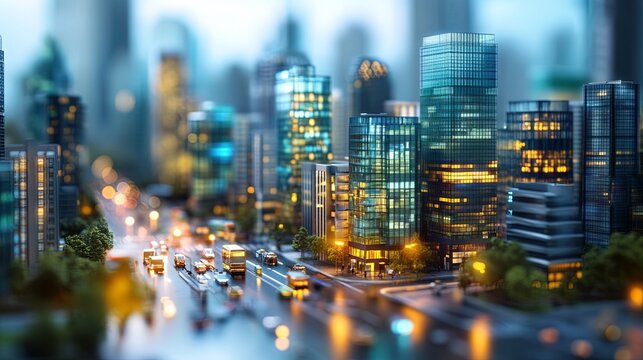 A modern, contemporary-style miniature model of glass buildings and streets, created using a tilt-shift focus technique
