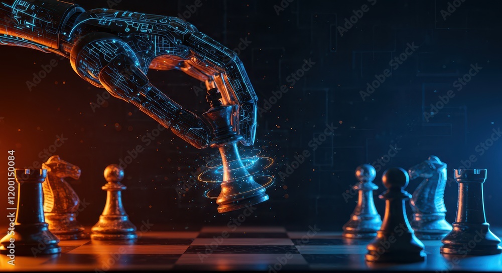Poster an ai hand moves a king on a chessboard, representing the connection between artificial intelligence