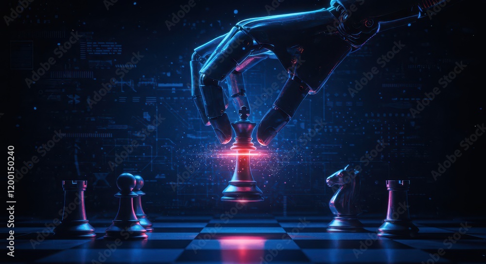 Poster an ai hand moves a king on a chessboard, representing the connection between artificial intelligence