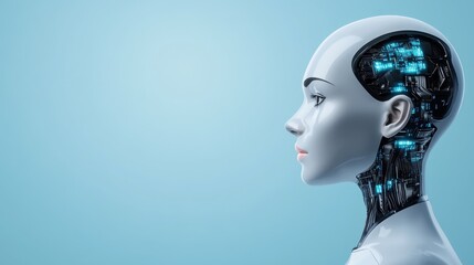 Futuristic humanoid robot with digital circuitry in side profile against a soft blue background