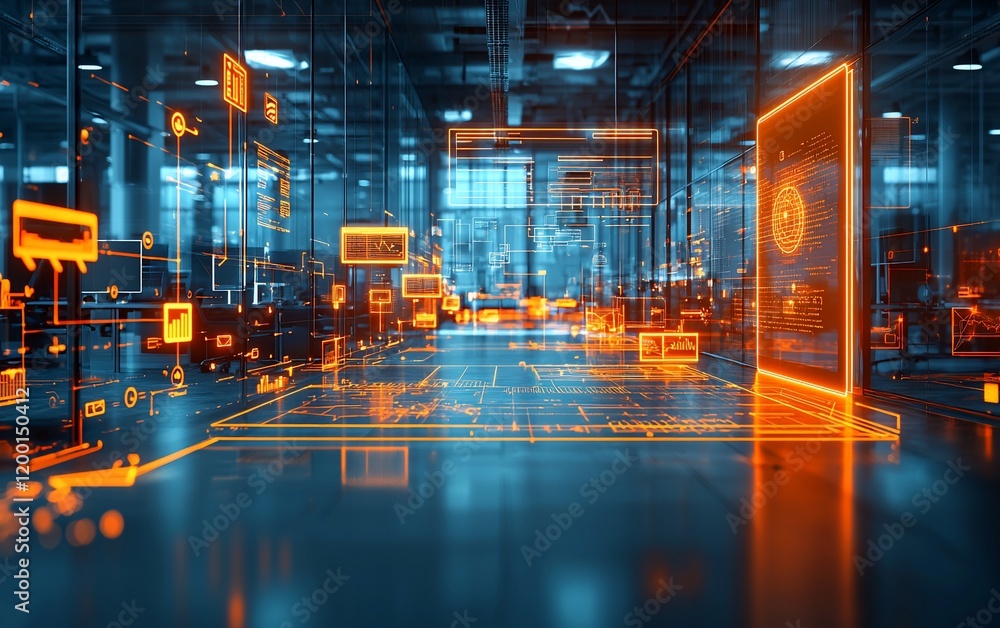Poster Futuristic factory with digital interfaces and data visualization.
