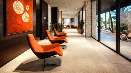 A contemporary lobby with burnt-orange chairs, cream carpeting, and dark mahogany accents