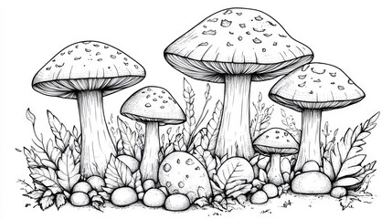 Mushrooms in a forest, designed for a coloring book to help relieve stress, suitable for both children and adults. The illustration is isolated on a white background.