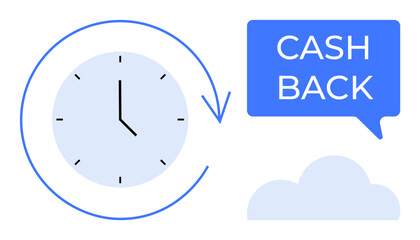 Clock with arrow signifies time, speech bubble with CASH BACK , cloud element. Ideal for finance, time management, rewards, e-commerce, customer satisfaction savings marketing strategies. Abstract