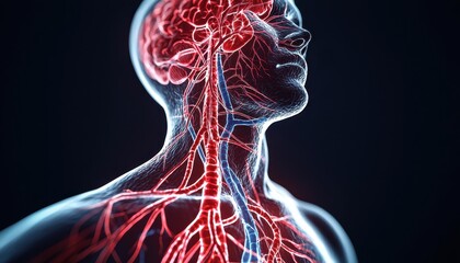 A detailed 3D rendering of the human vascular system with glowing red and blue veins and arteries on a dark medical background