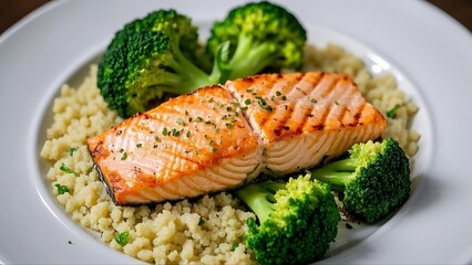A plate of delicious grilled salmon served with steamed broccoli and couscous