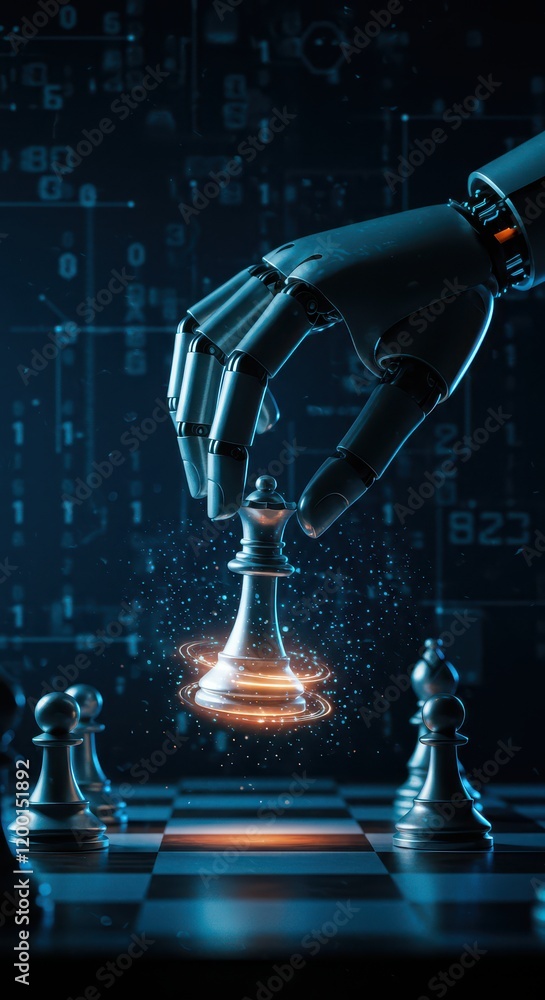 Poster an ai hand moves a king on a chessboard, representing the connection between artificial intelligence