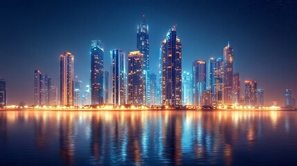 Fototapeta premium A nighttime view of a futuristic city featuring sleek, glowing skyscrapers. An ideal premium backdrop for showcasing cutting-edge technology